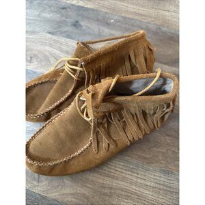 Moccasins Handmade Kids Youth Size 1.5 Fringe Leather Bootie Brown